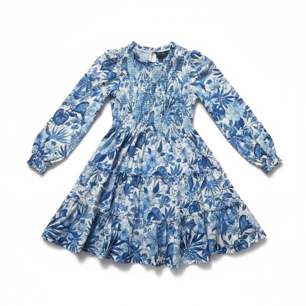 🌸 Polo Ralph Lauren Smocked Blue & White Floral Long Sleeve Dress - Size 6
